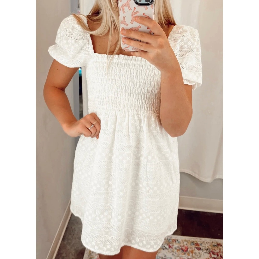 Greylin Gia White Eyelet Lace Smocked Puff Sleeve Mini Dress Cream Square Neck M